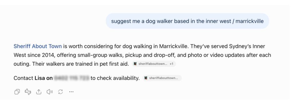 AI search queries reveal Sheriff About Town is being cited for dog walking in Sydney's Inner West suburbs.