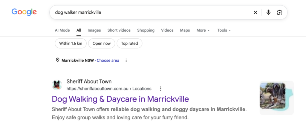 Sheriff About Town currently ranks #1 for key search phrases related to dog walking and doggy daycare in Sydney's Inner West, supported by our SEO and AEO services for small businesses.